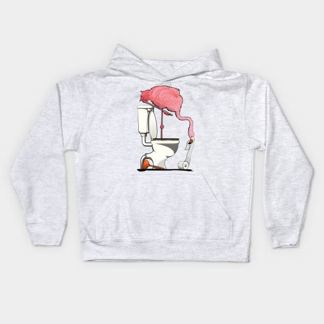 Flamingo on the Toilet Kids Hoodie by InTheWashroom